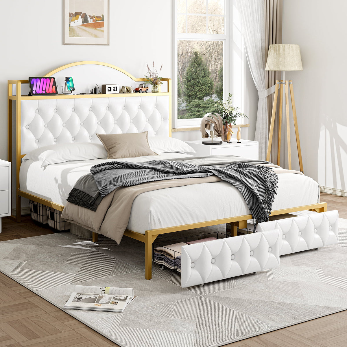 White Queen Size Storage Bed with 2 Drawers S452533