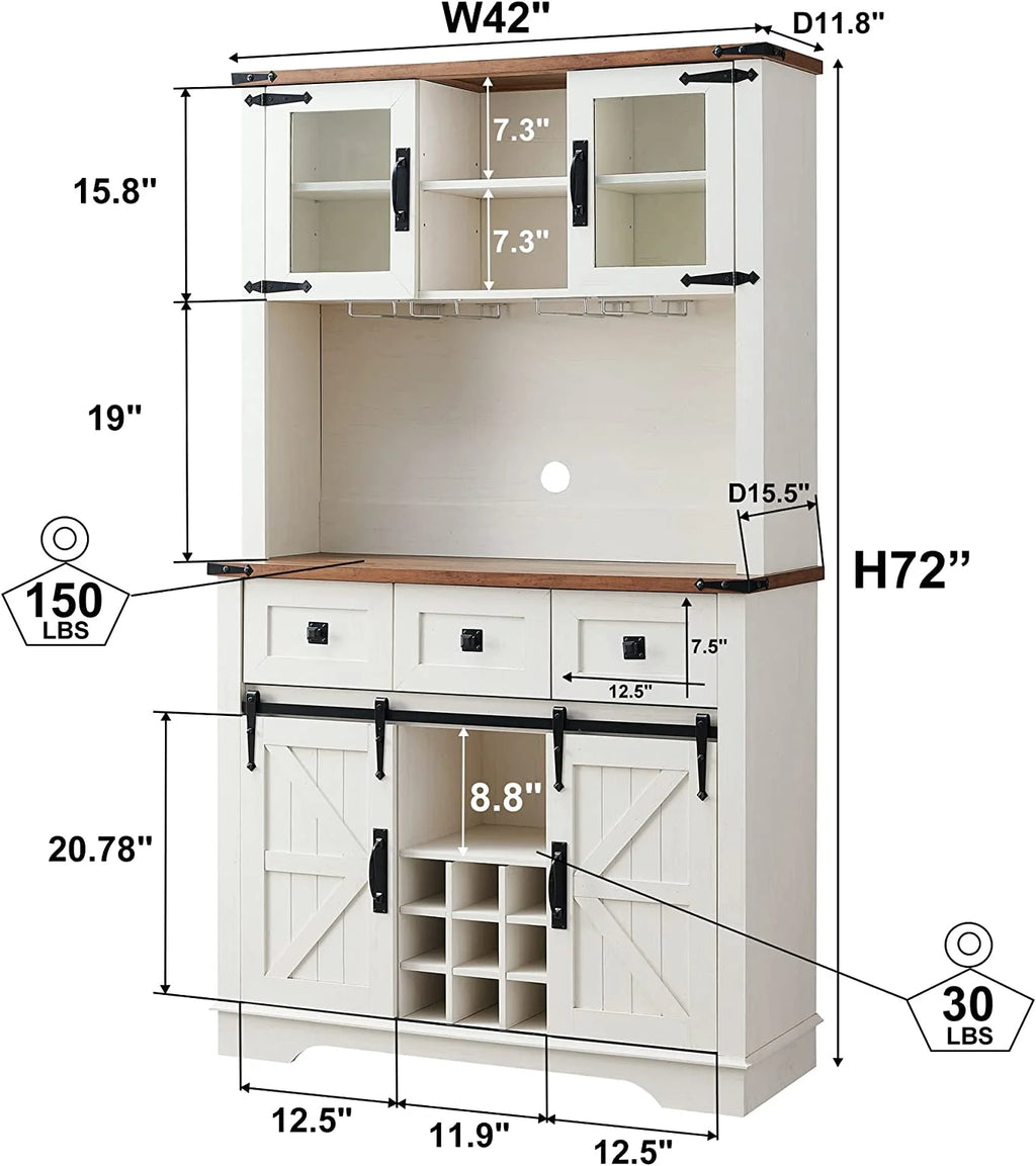 Antique White Wood Bar Cabinet with Sliding Barn Door and Hutch J76458