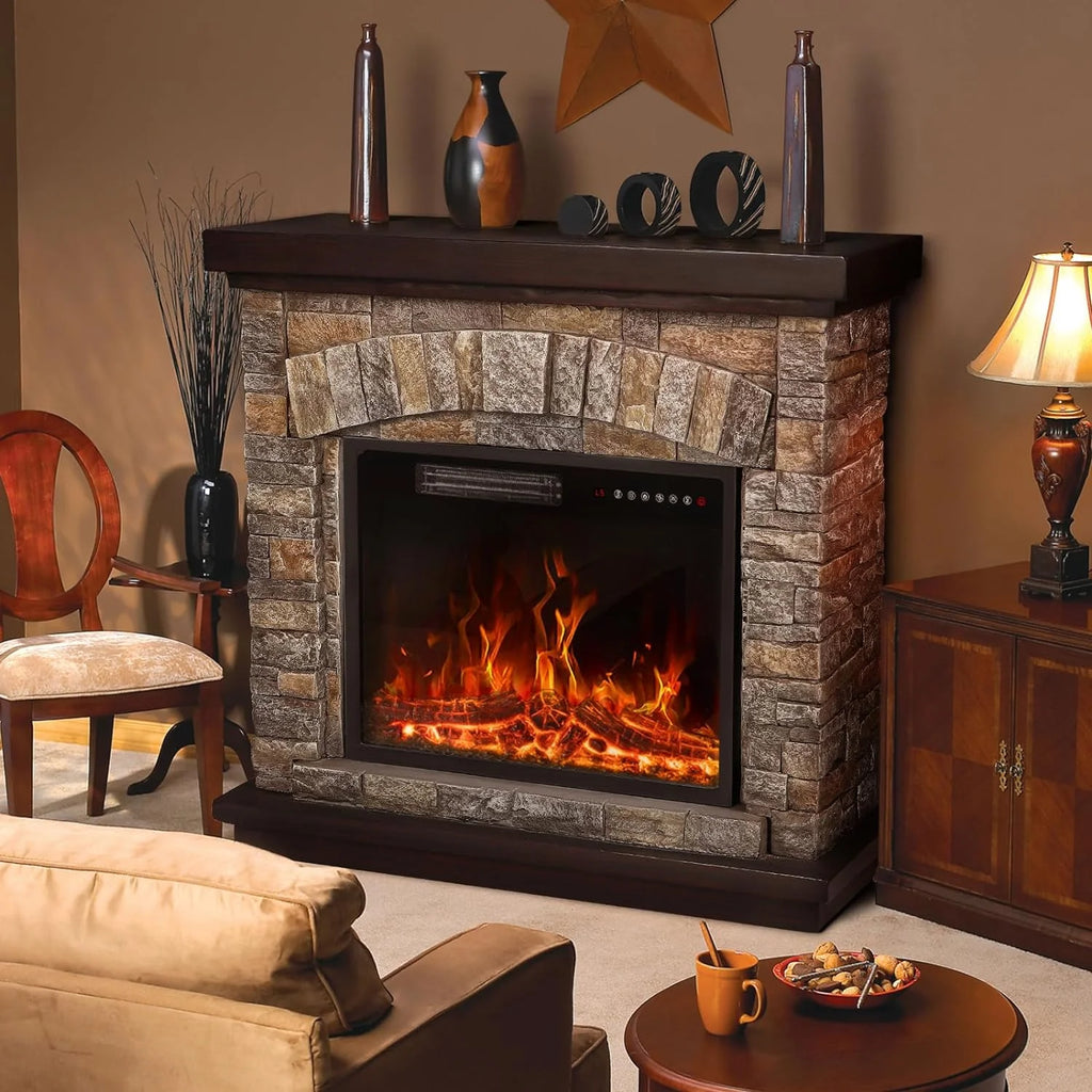 Electric Fireplace with Mantel, 36 inch Freestanding Stone Fireplace Heater TV Stand W691