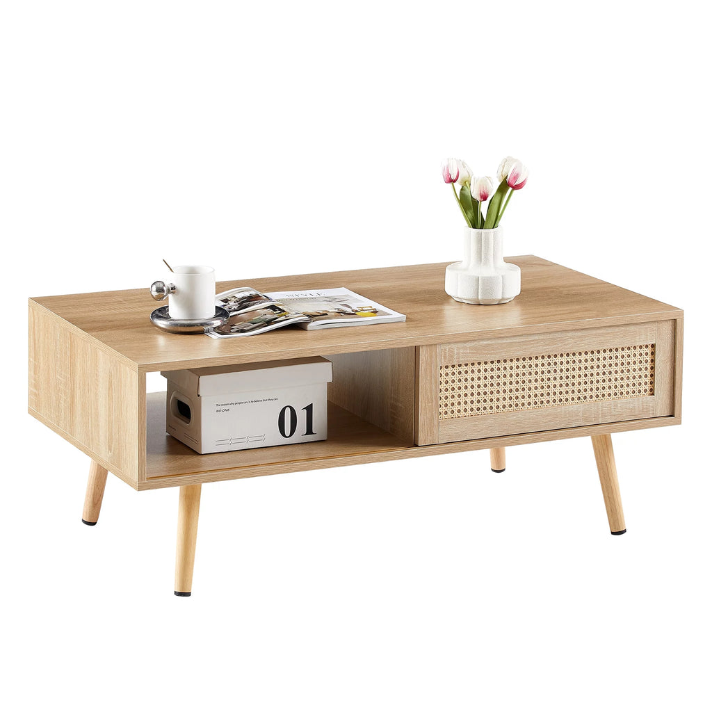 41.34" Rattan Coffee Table with Sliding Door Storage O572