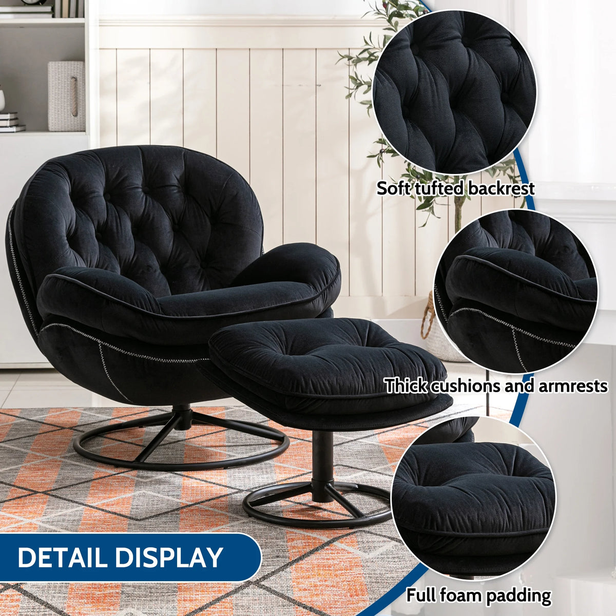 Black Velvet Swivel Accent Chair with Ottoman Y370916
