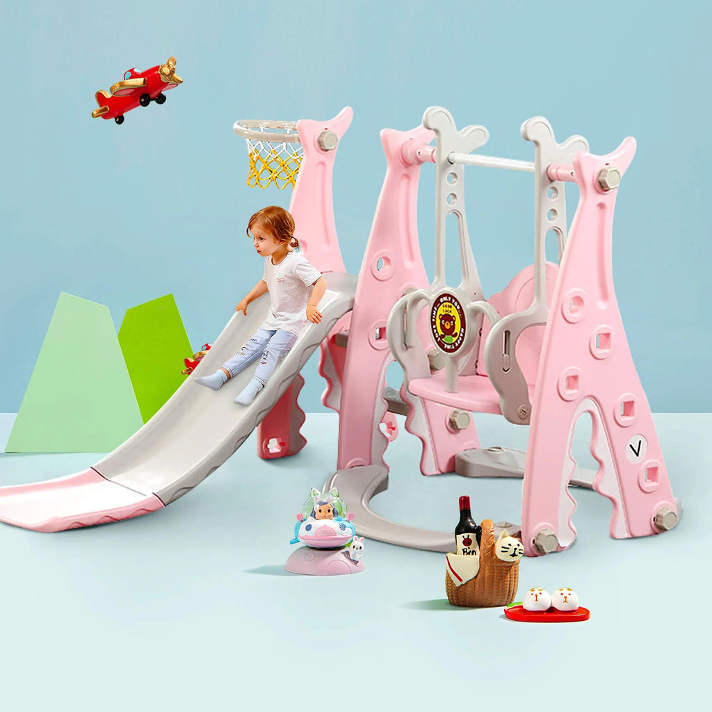 4 in 1 Toddler Slide and Swing Set with Basketball M414
