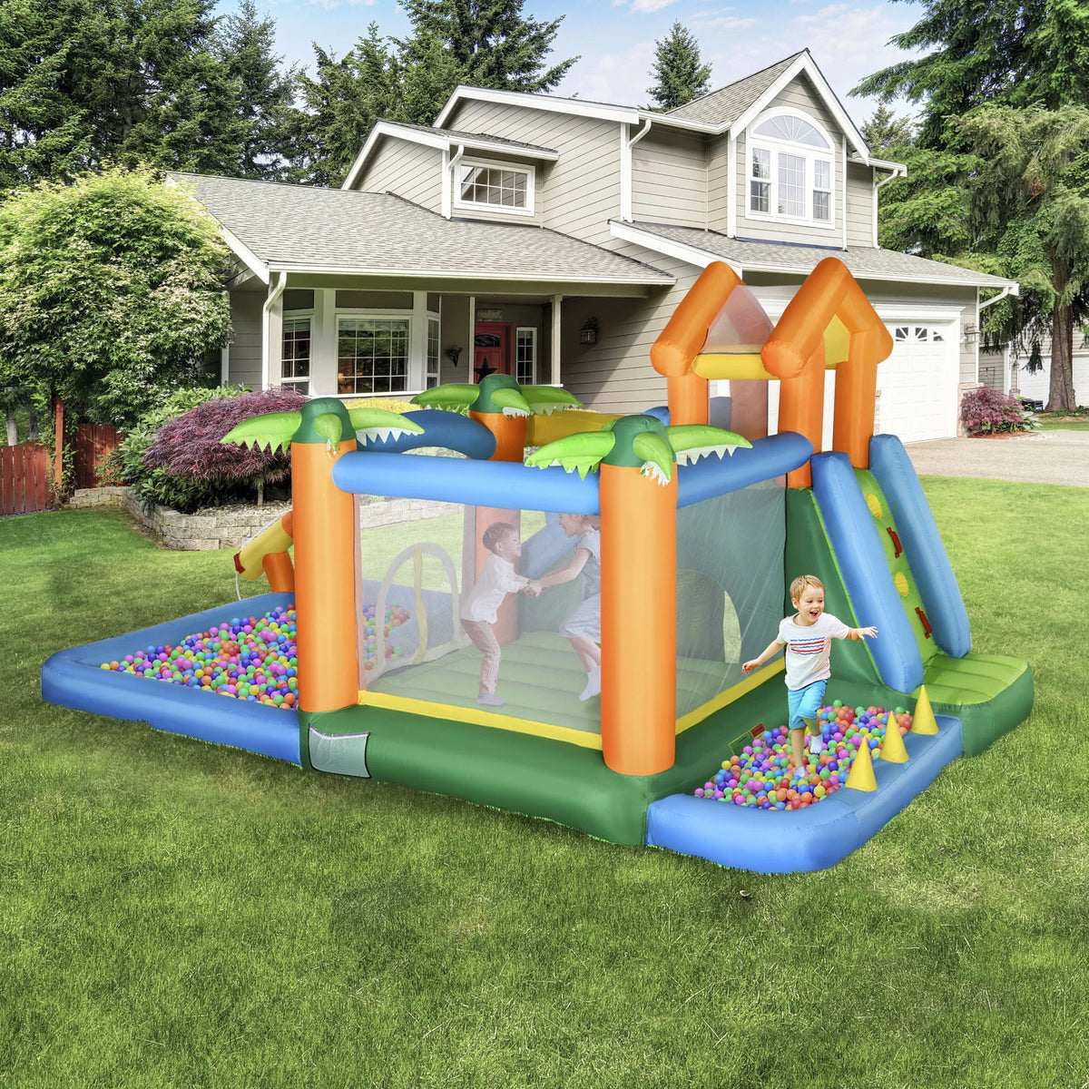 Inflatable Water Park with Blower, 6-in-1 Water Slide Jumping Castle D75207