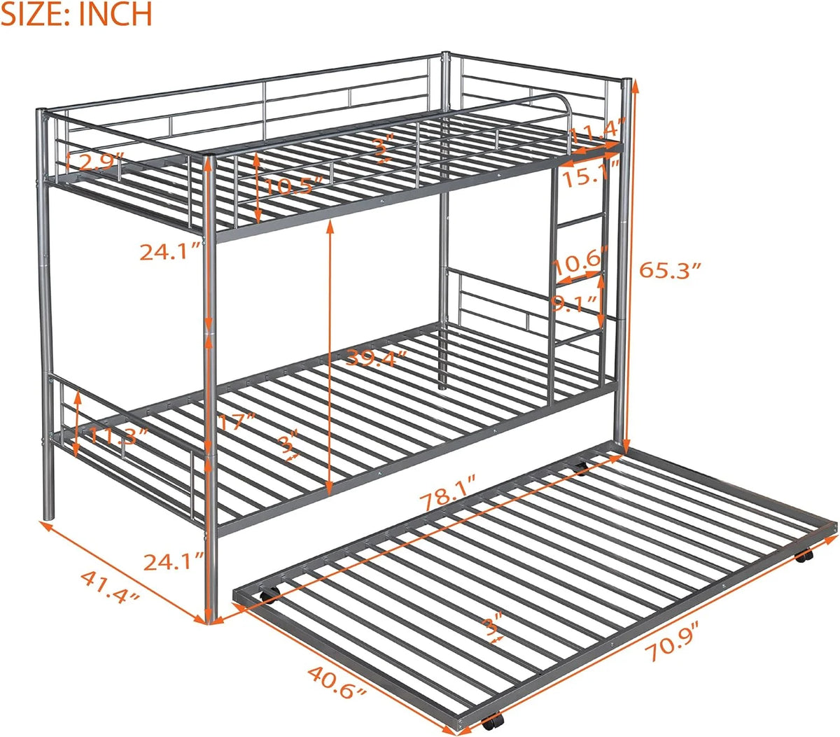 Metal Bunk Bed with Trundle and Safety Guard Rails F13989