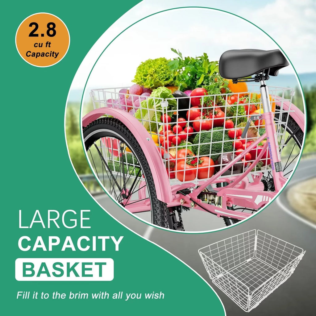 24 Upgraded Adult Tricycle with Low-Step Through Frame, 7-Speed Adjustable Cruiser Trike with Basket N3853