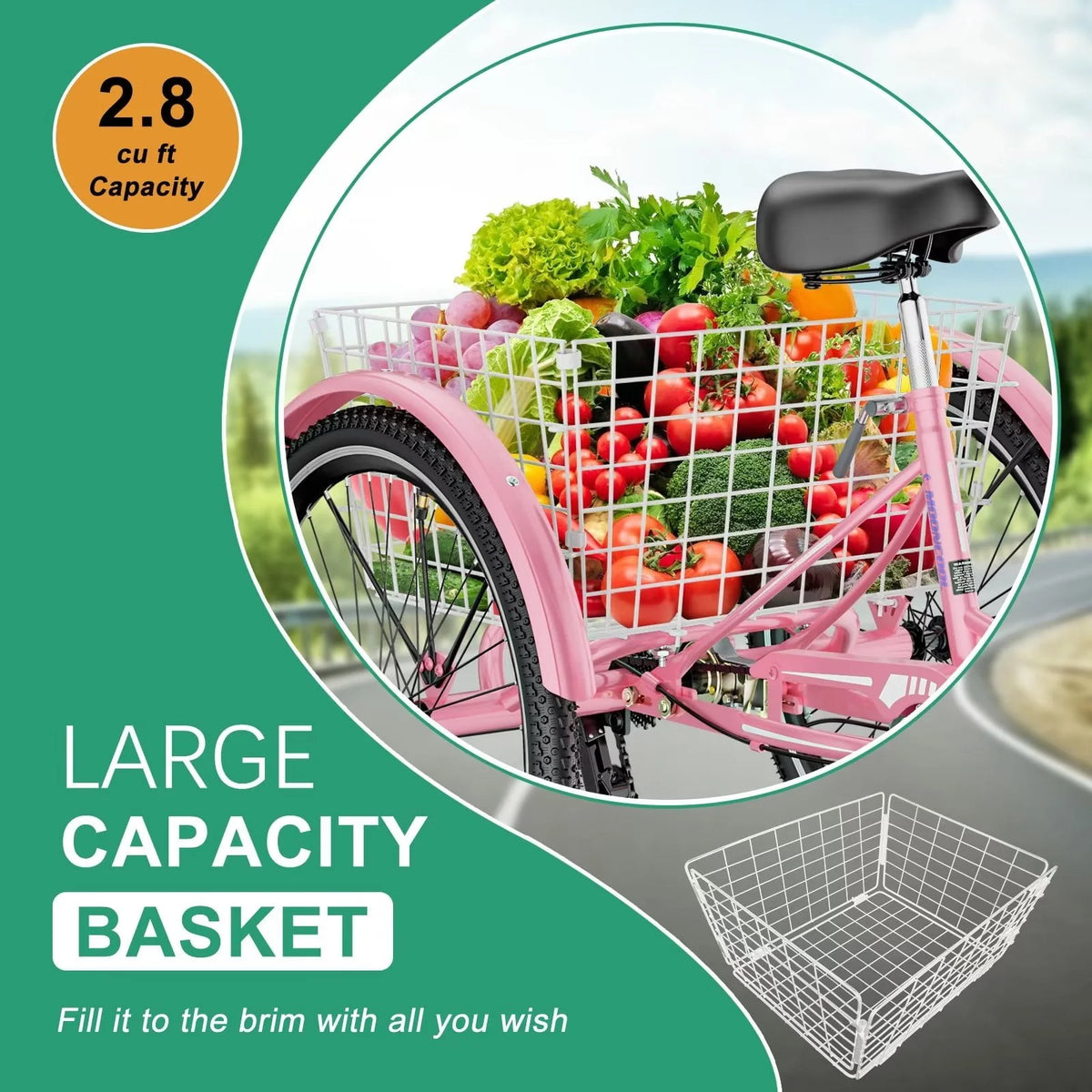 24 Upgraded Adult Tricycle with Low-Step Through Frame, 7-Speed Adjustable Cruiser Trike with Basket N3853