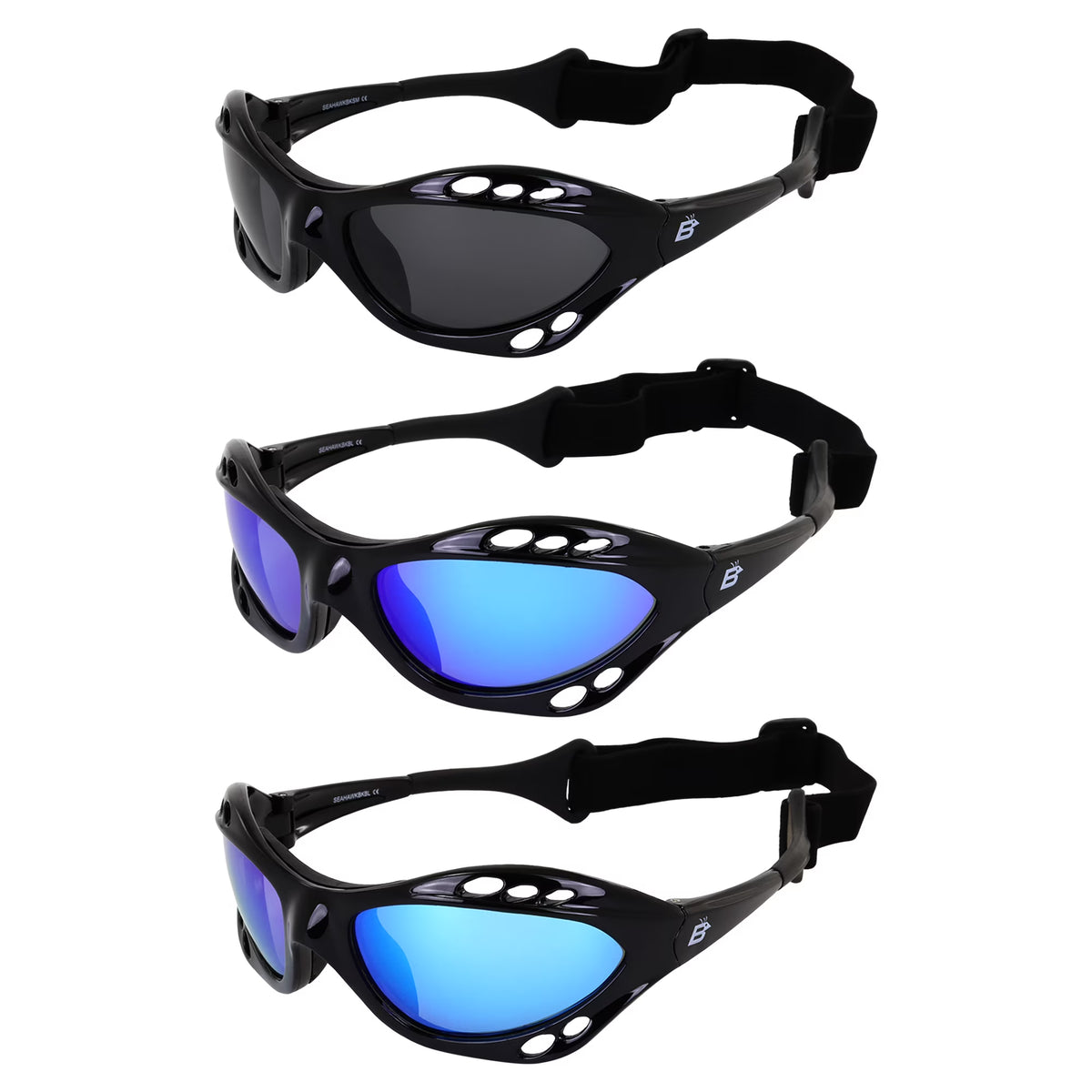 3 Pairs Padded Polarized Sunglasses with Strap Black Frame Smoke Blue & Green Mirror Lenses U491