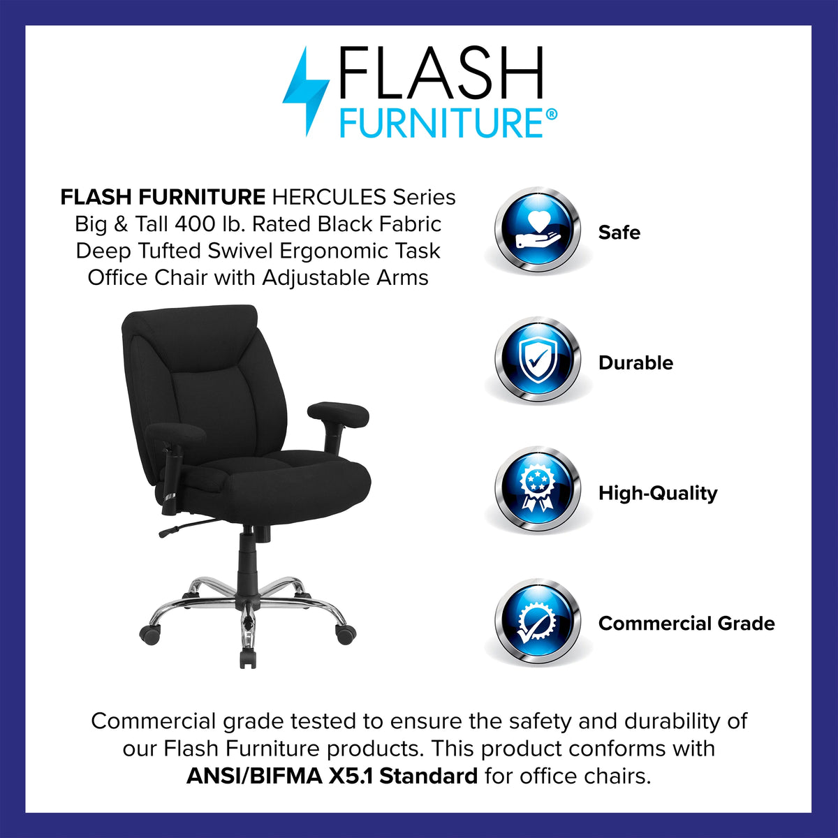 Big & Tall 400 lb. Rated Black Fabric Tufted Swivel Ergonomic Office Chair P2888