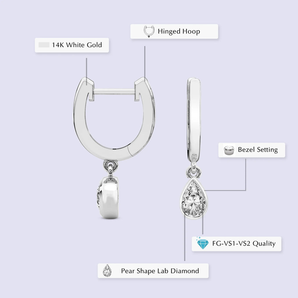 1 Carat Pear Shape Lab Grown Diamond Dangle Earring in 14K White Gold A559