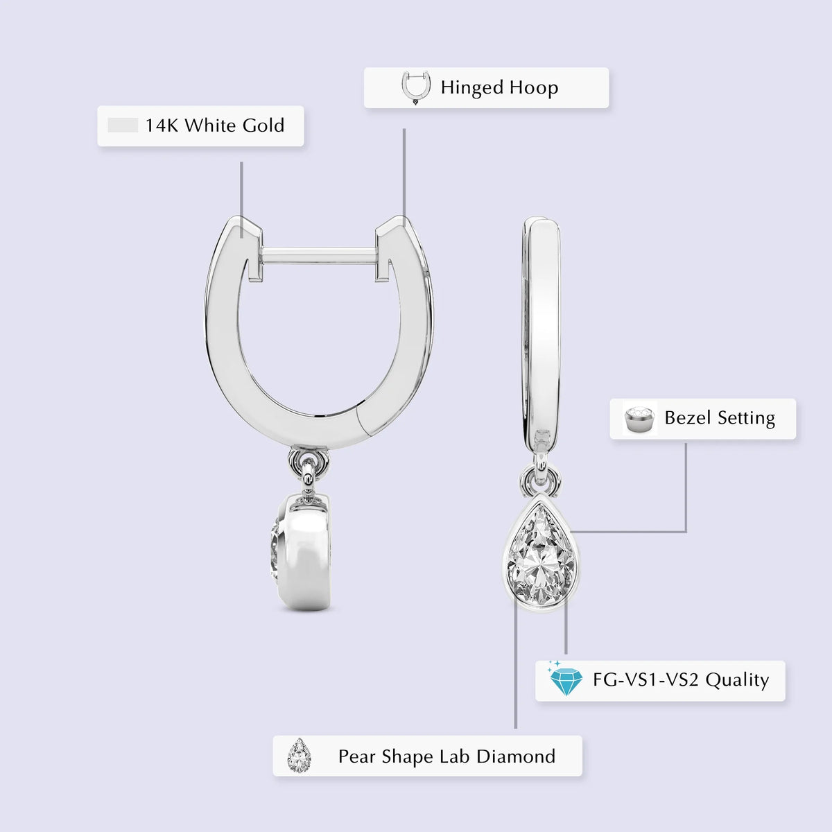 1 Carat Pear Shape Lab Grown Diamond Dangle Earring in 14K White Gold A559