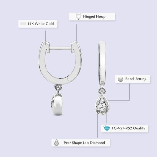 1 Carat Pear Shape Lab Grown Diamond Dangle Earring in 14K White Gold A559