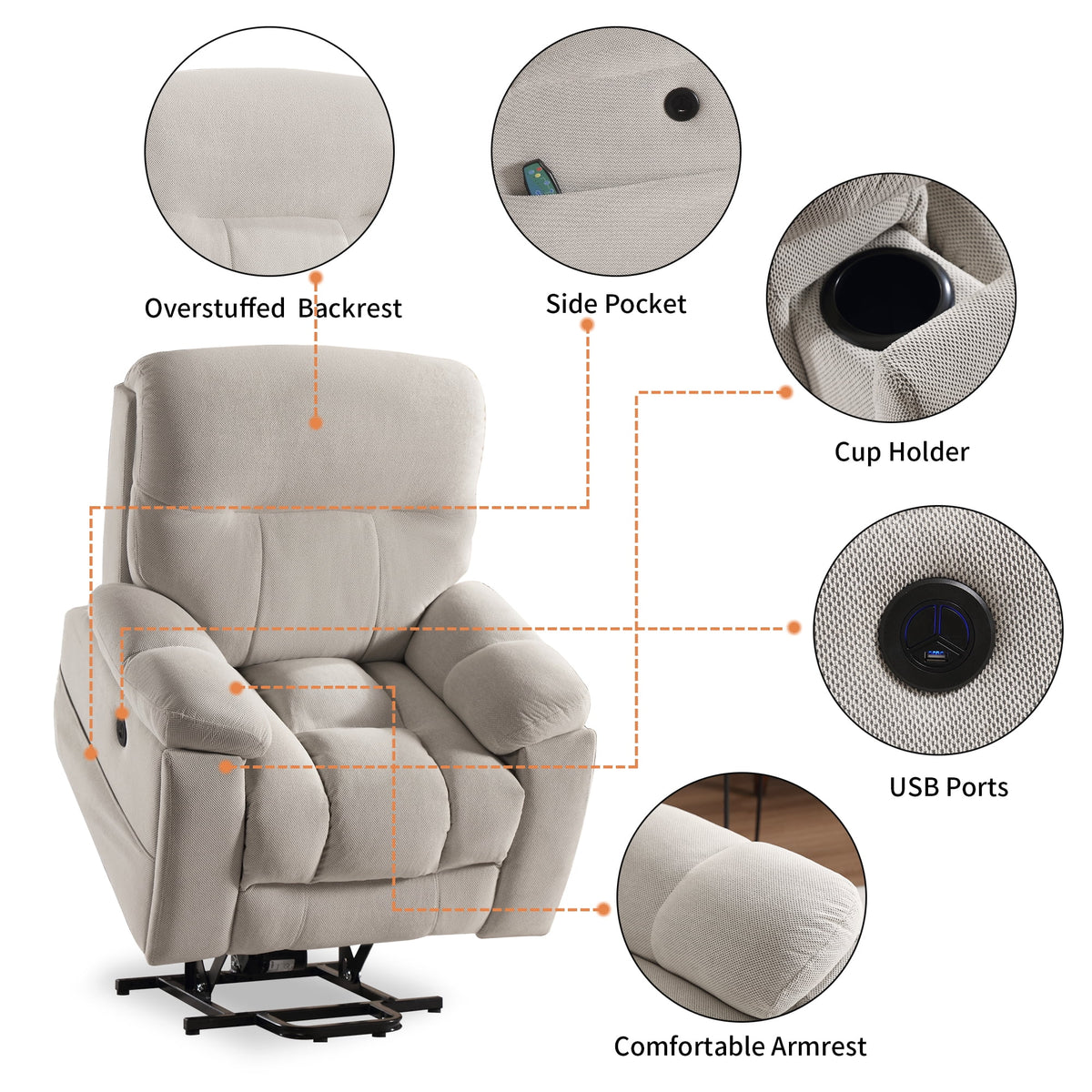 Large Power Lift Recliner Chair with Massage and Heat, Beige E56142
