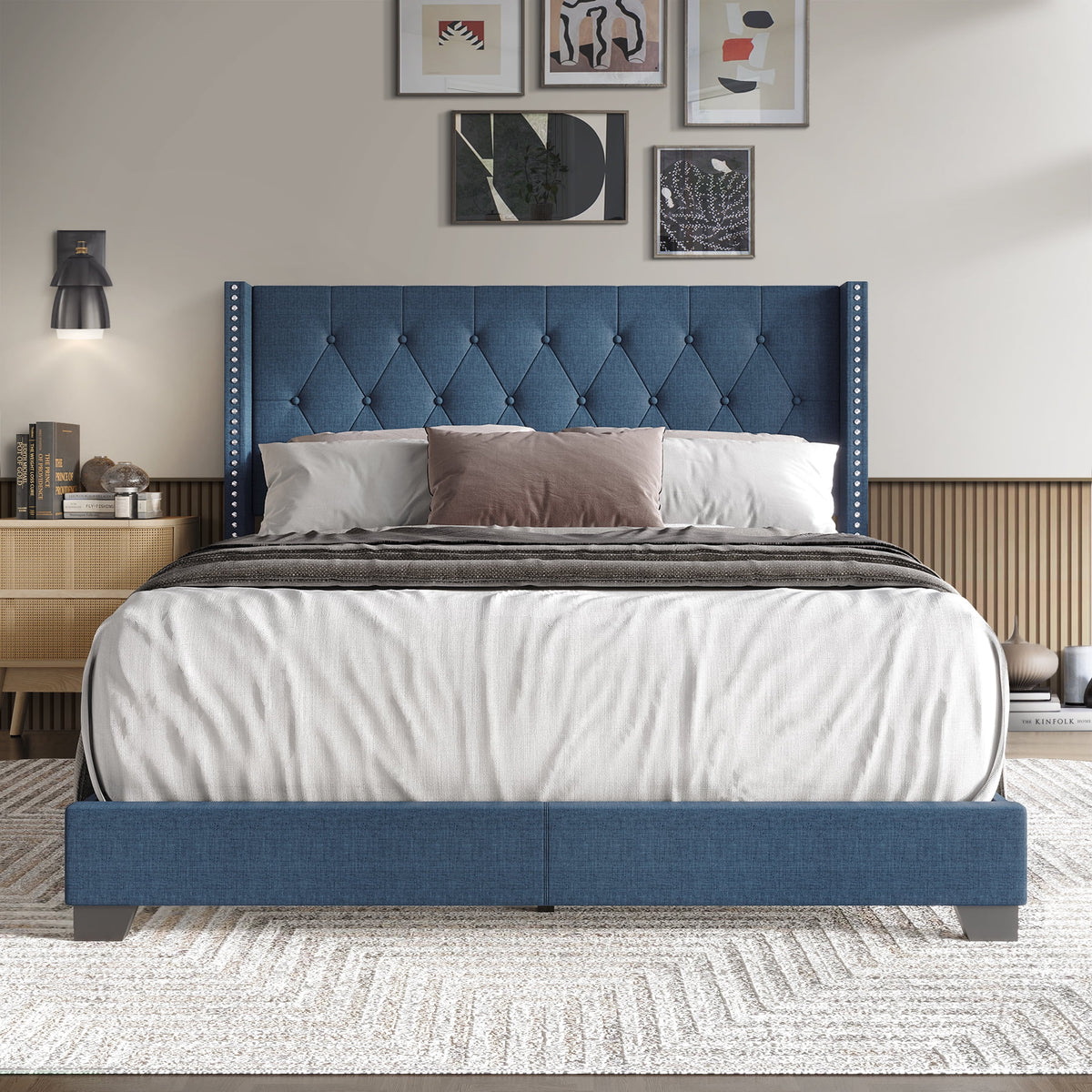Blue Linen Upholstered Wingback Bed P125696