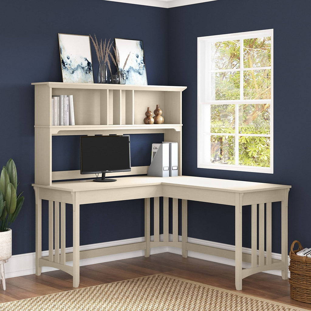 Antique White L-Shaped Writing Desk with Hutch B43578
