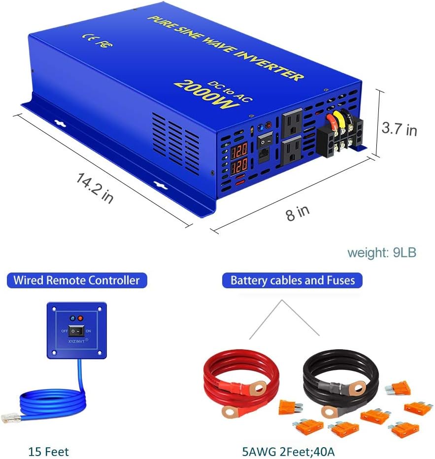 2000W Pure Sine Wave Power Inverter 24V DC to AC 120V with Remote Switch F209