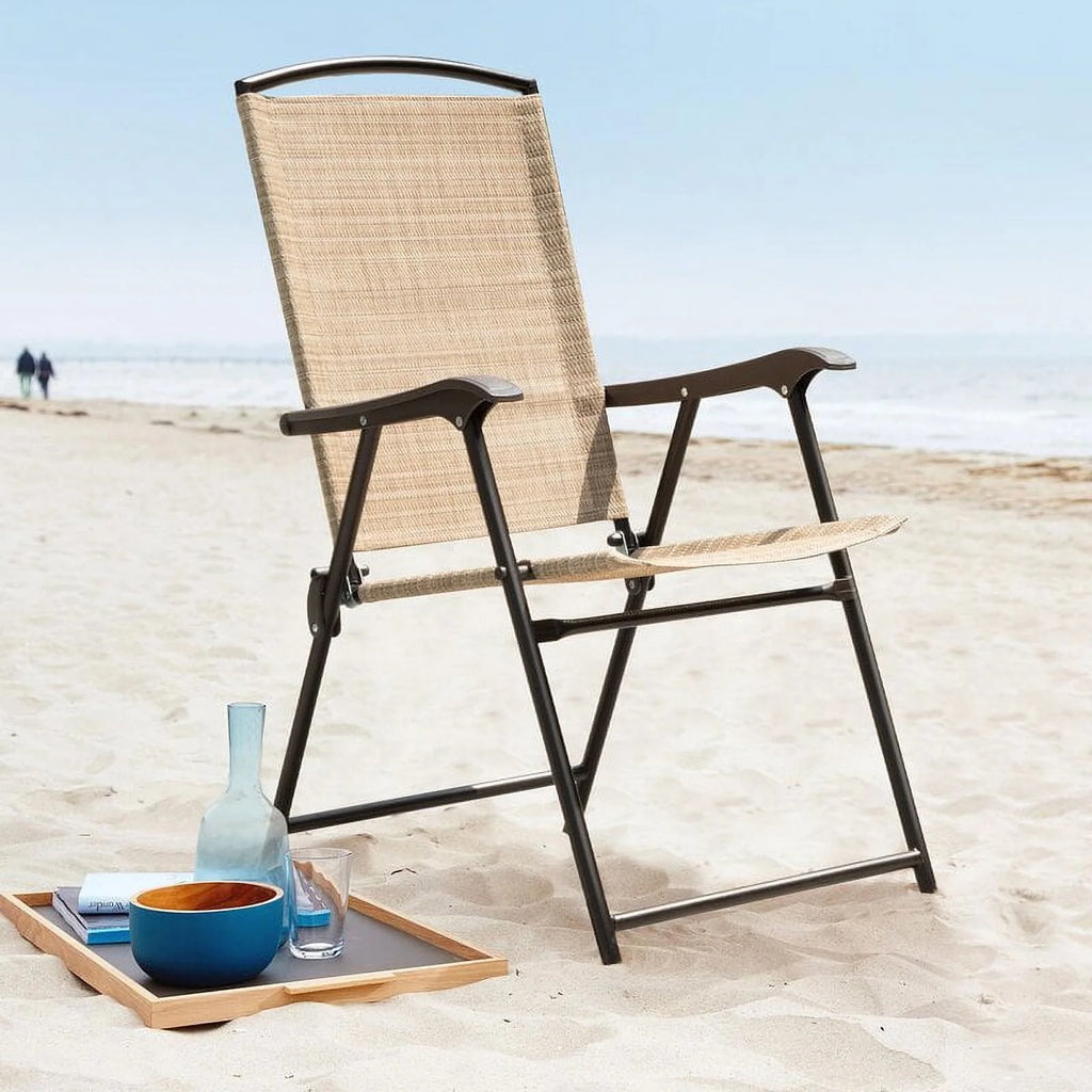 Beige 2 Pieces Textilene Patio Folding Chairs A62573