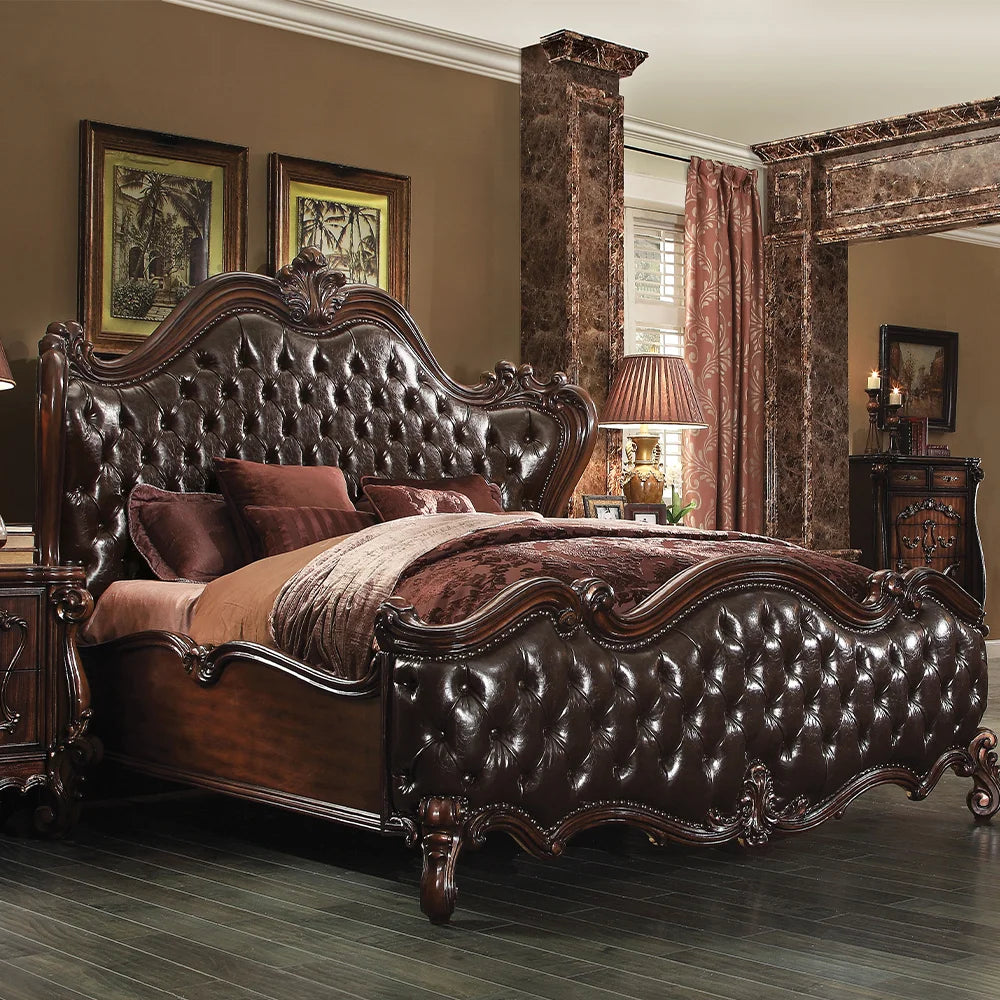 Queen Bed 2-Tone Dark Brown PU & Cherry Oak V526309