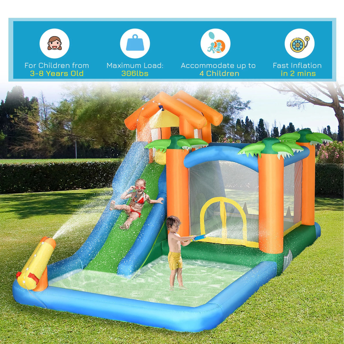 Inflatable Water Park with Blower, 6-in-1 Water Slide Jumping Castle D75207