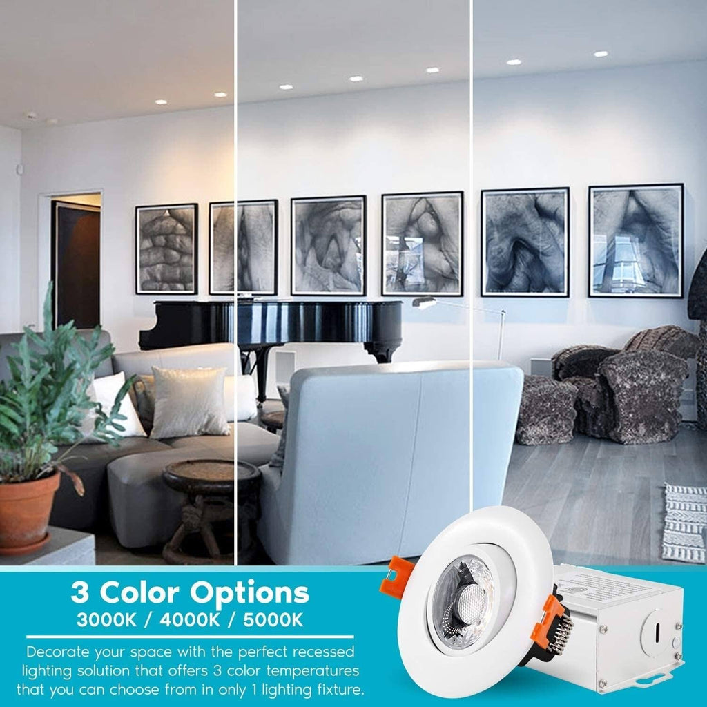 Adjustable LED Gimbal Recessed Lighting with J-Box 3 Color Selectable 8W 600lm Dimmable A29829