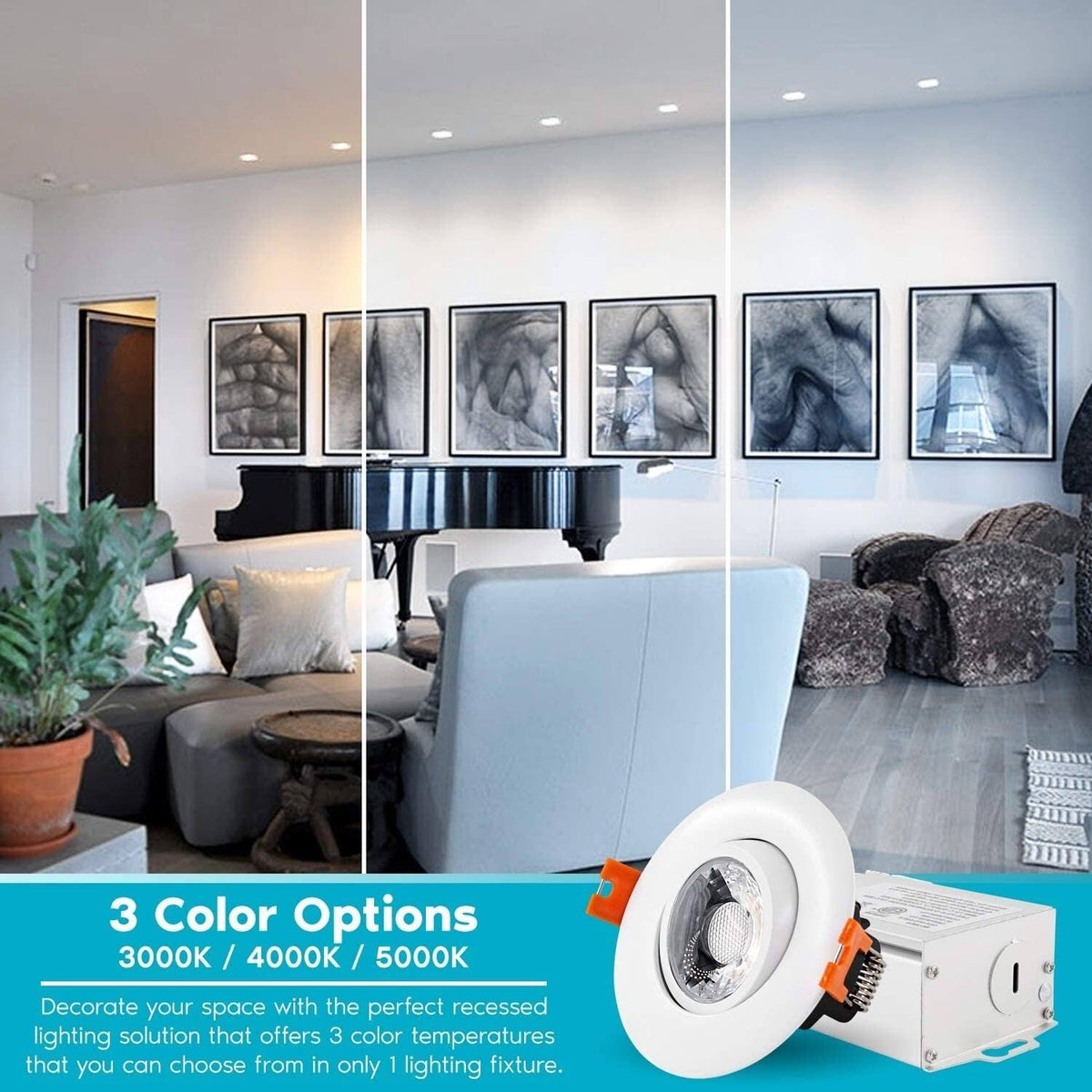 Adjustable LED Gimbal Recessed Lighting with J-Box 3 Color Selectable 8W 600lm Dimmable A29829