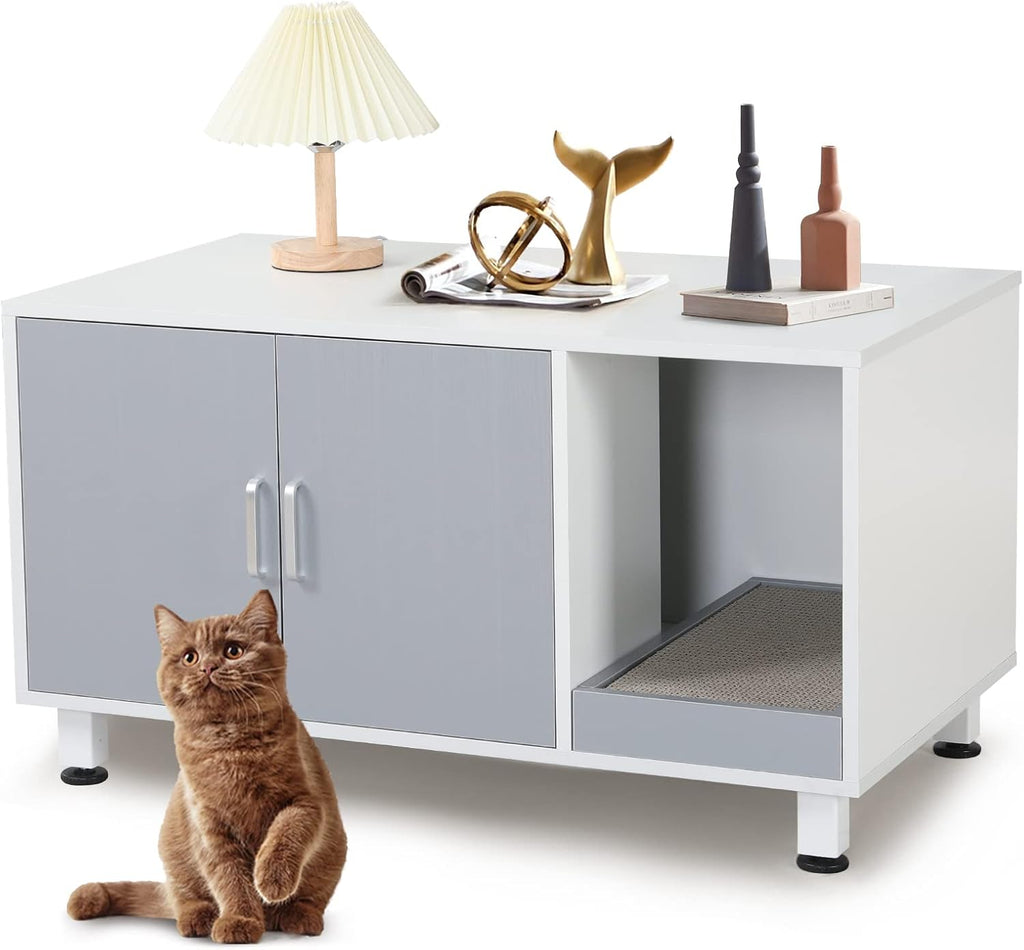 White & Grey Cat Litter Box Furniture Storage Bench V9322