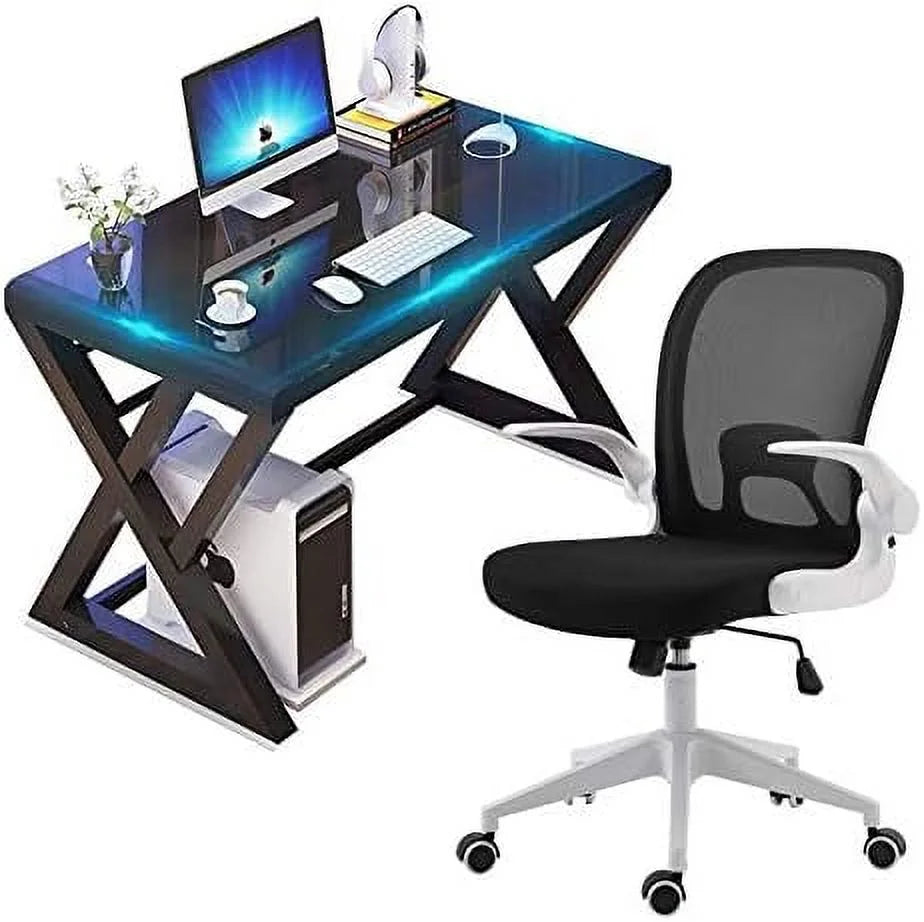 Home Office Desk and Chair Set Breathable Mesh Computer Chair Glass Top Desk Metal Frame W2585