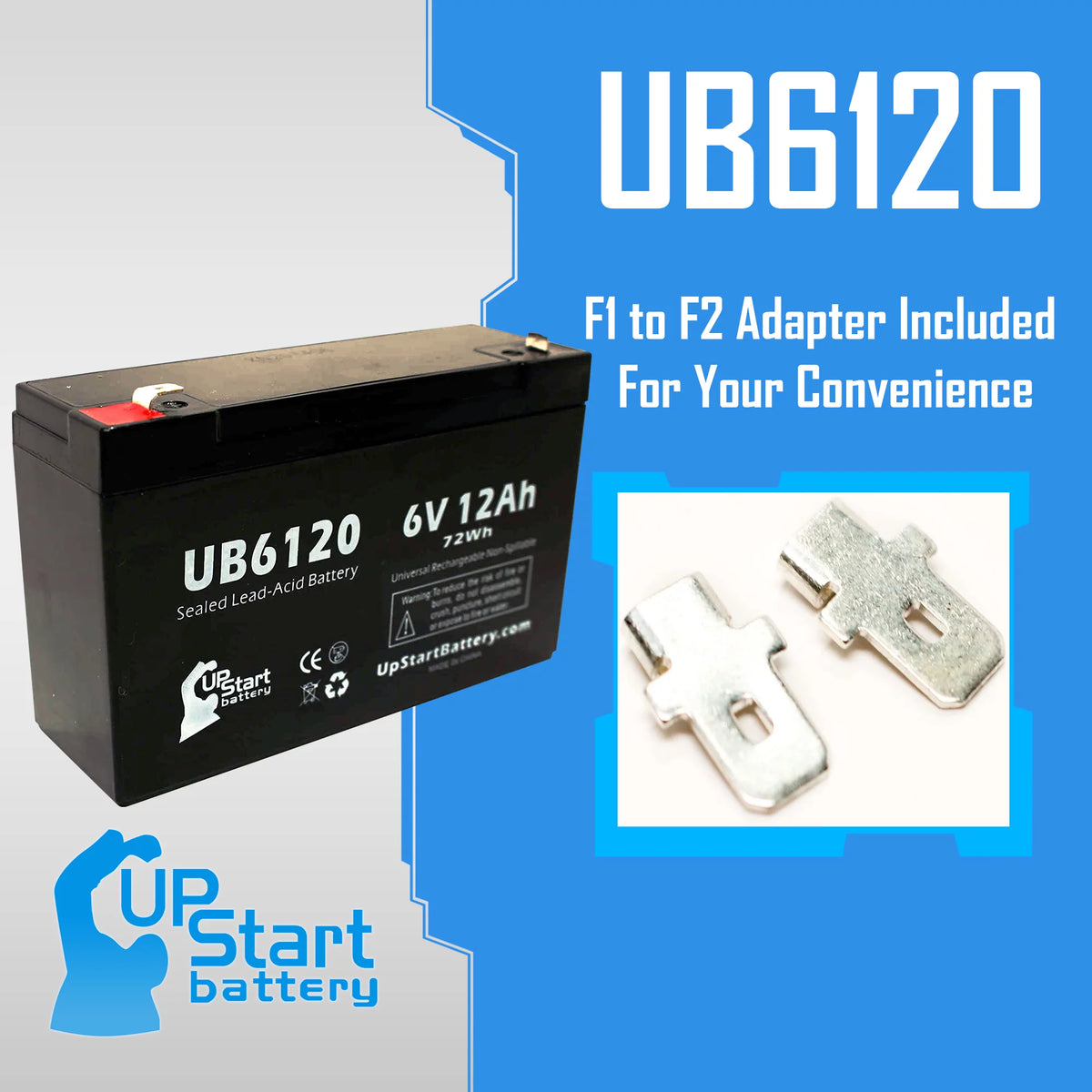 6V 12Ah Sealed Lead Acid Battery with F1 to F2 Terminal Adapters S3812