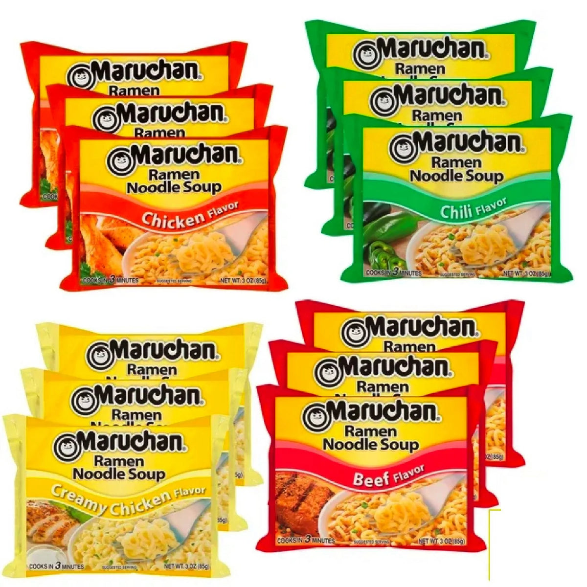 Instant Ramen Variety Pack 12 Packs 3oz Chicken Beef Chili Flavored Noodles C388