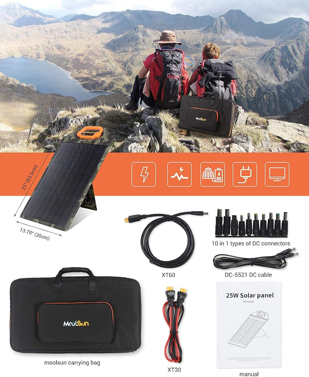 25W Portable Waterproof Monocrystalline Solar Panel Kit W78298