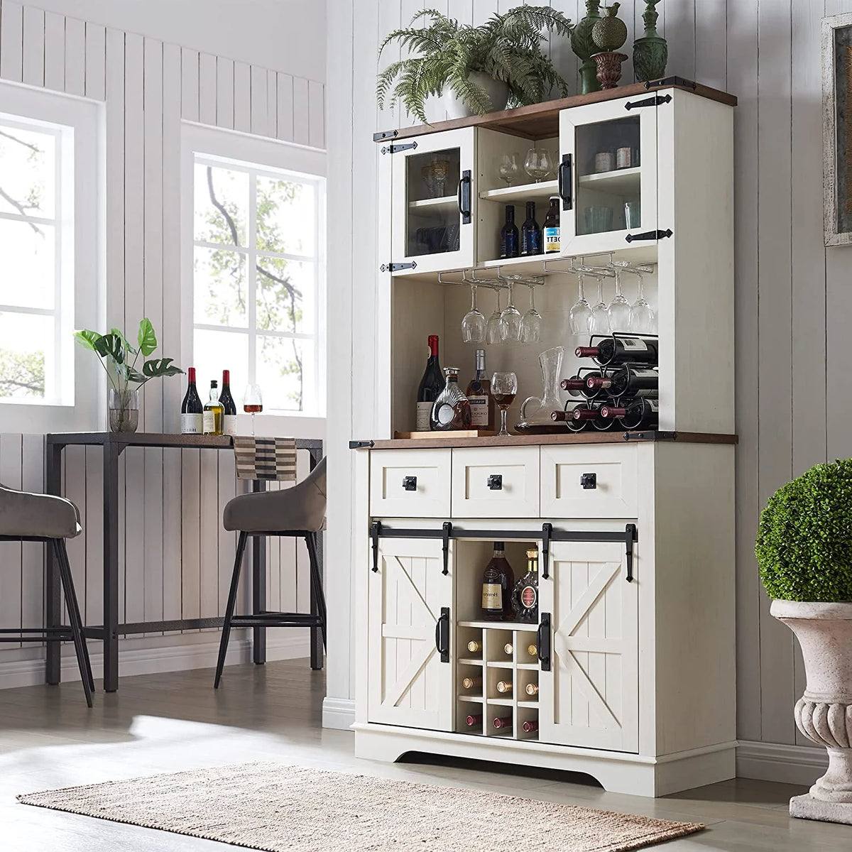 Antique White Wood Bar Cabinet with Sliding Barn Door and Hutch J76458