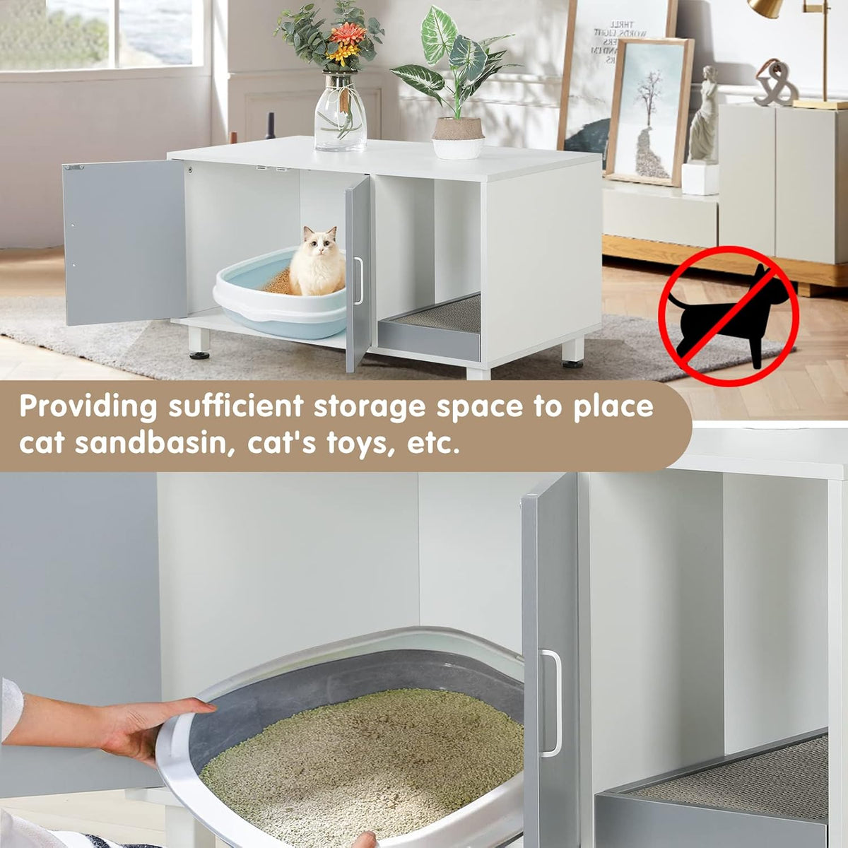 White & Grey Cat Litter Box Furniture Storage Bench V9322
