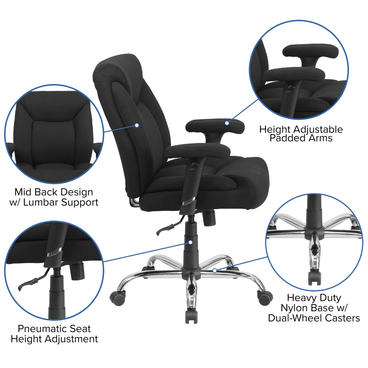 Big & Tall 400 lb. Rated Black Fabric Tufted Swivel Ergonomic Office Chair P2888