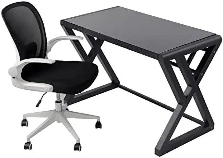 Home Office Desk and Chair Set Breathable Mesh Computer Chair Glass Top Desk Metal Frame W2585