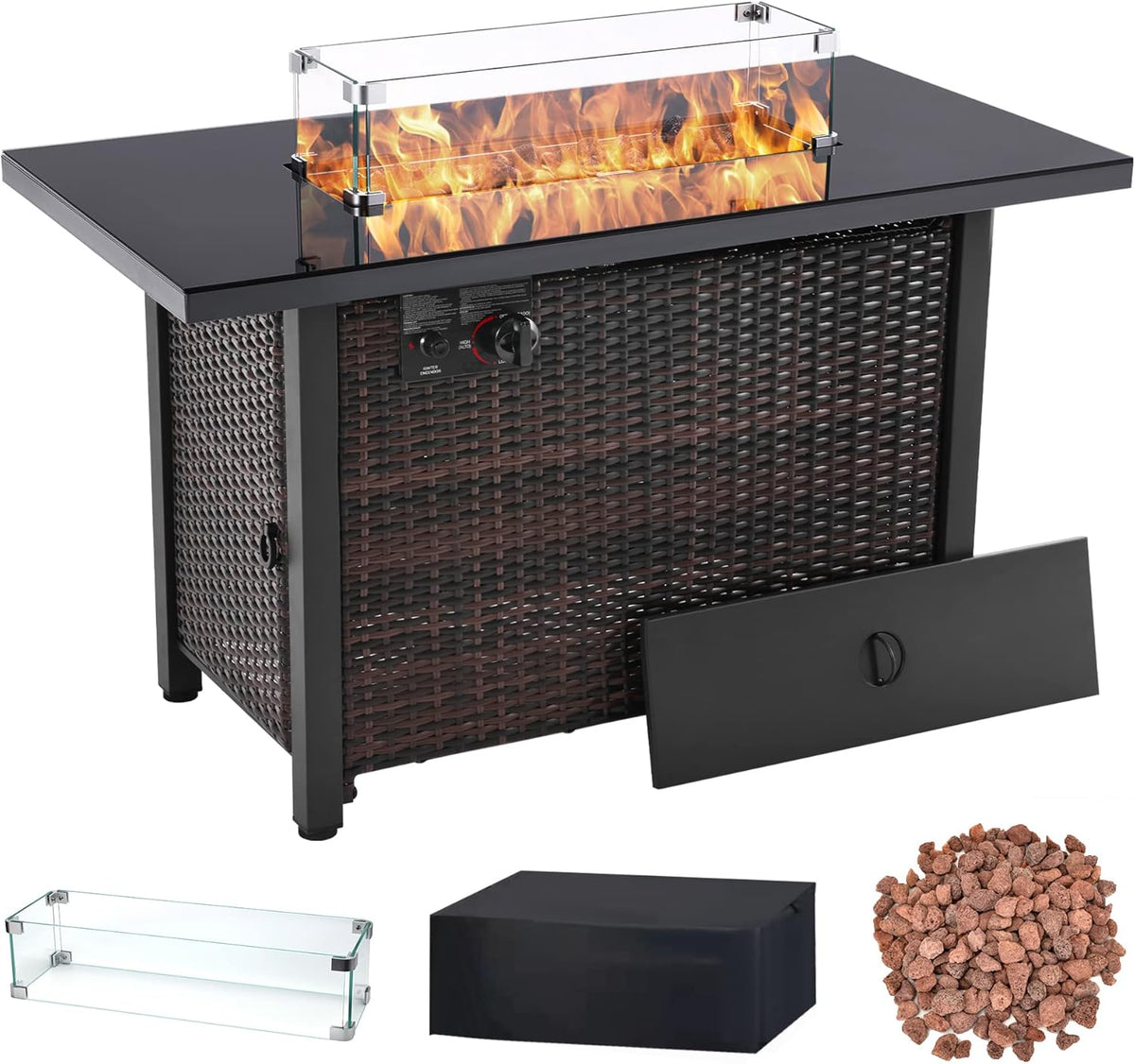 Propane Fire Pit Table, 43 Inch 50,000 BTU Auto-Ignition with Glass Wind Guard and Lava Stone G637