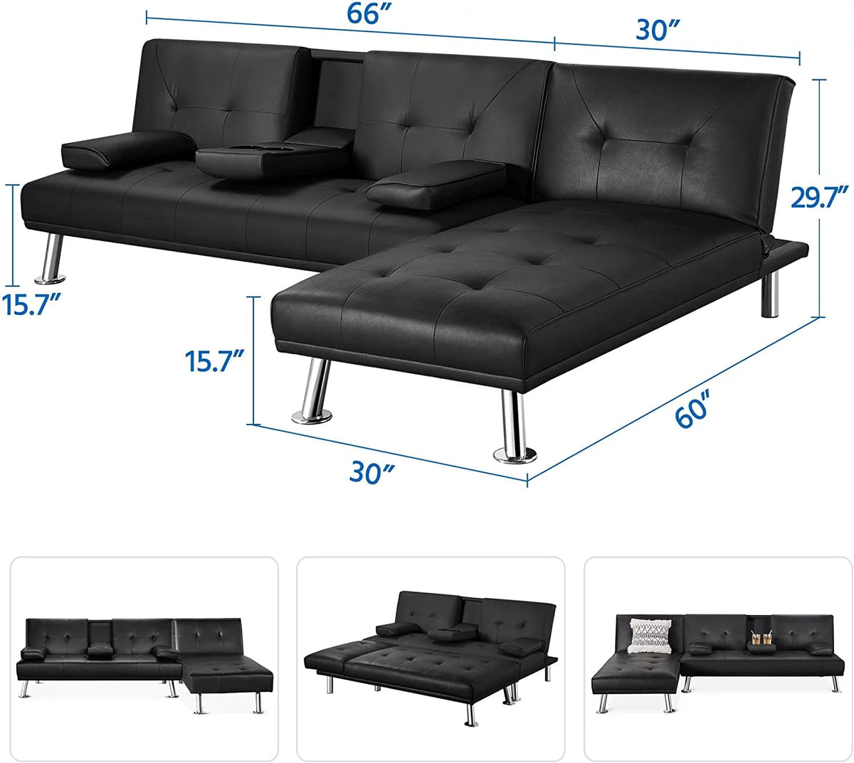 Black Faux Leather Sectional Sofa with Chaise Lounge U266114