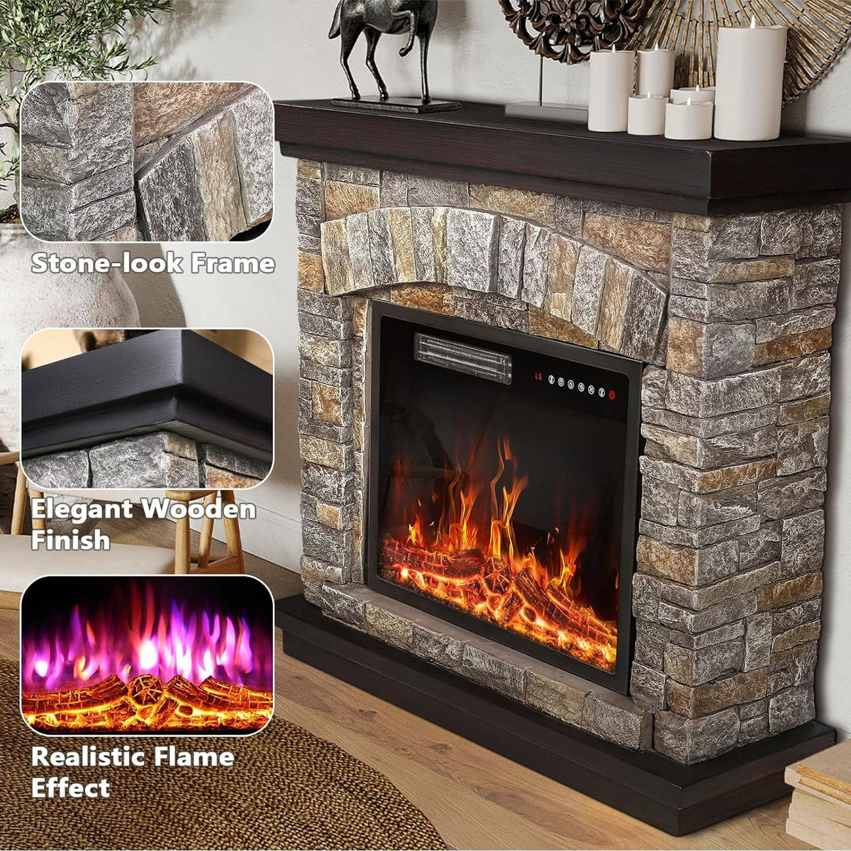 Electric Fireplace with Mantel, 36 inch Freestanding Stone Fireplace Heater TV Stand W691