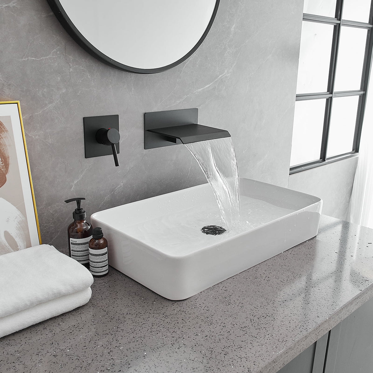 Wall Mount Waterfall Bathroom Faucet Matte Black V186
