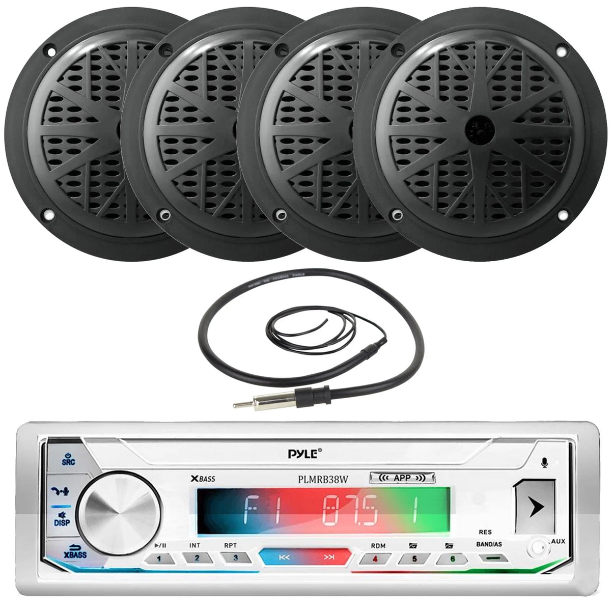White Single DIN Marine Stereo Receiver with 2 Pairs of 5.25'' Waterproof Marine Speakers J414719