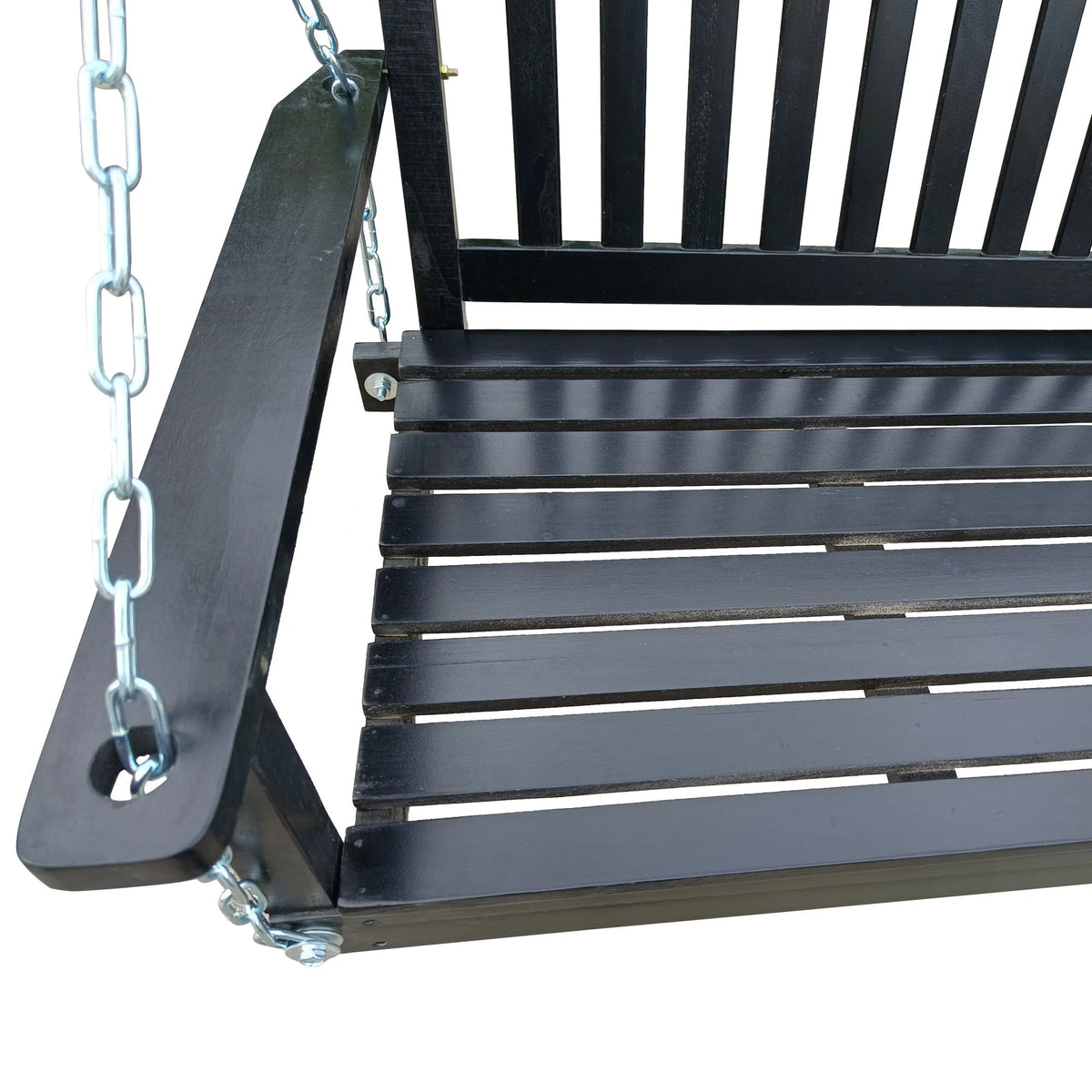 Black Wood Porch Swing with Armrests and Hanging Chains X17119