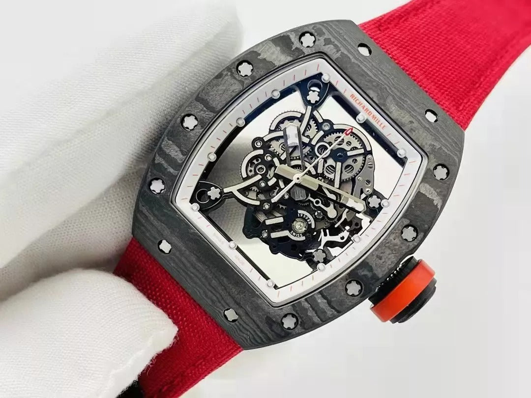 Skeleton Dial Black Bezel Red Canvas Strap D6370