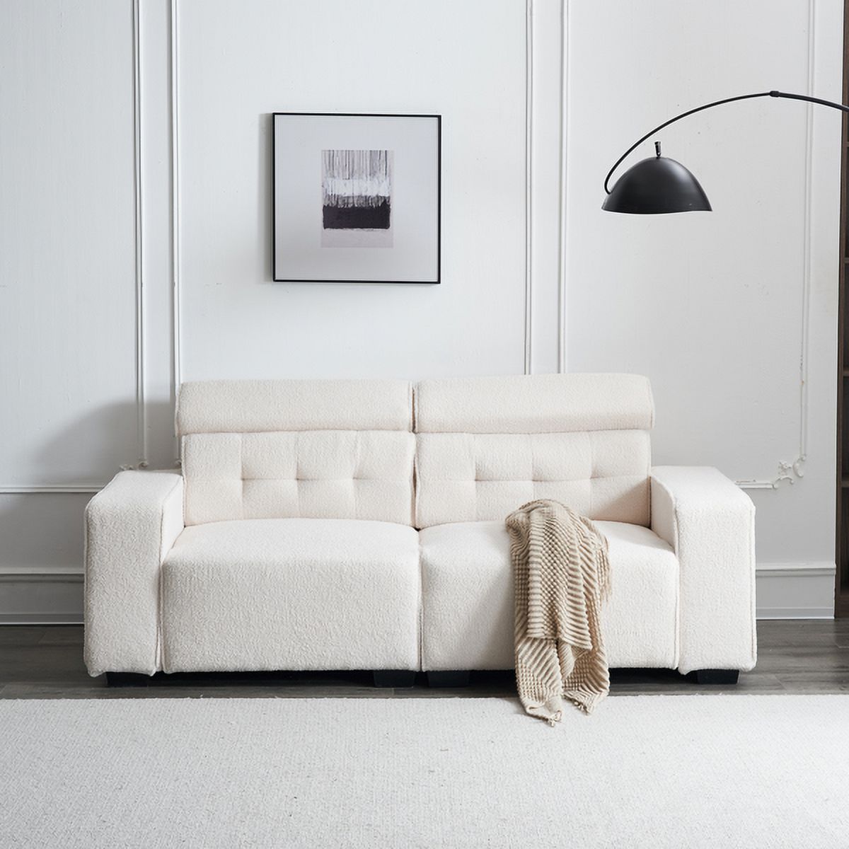 Off-White Teddy Velvet 2-Seat Sofa Bed with Detachable Armrests Z32591