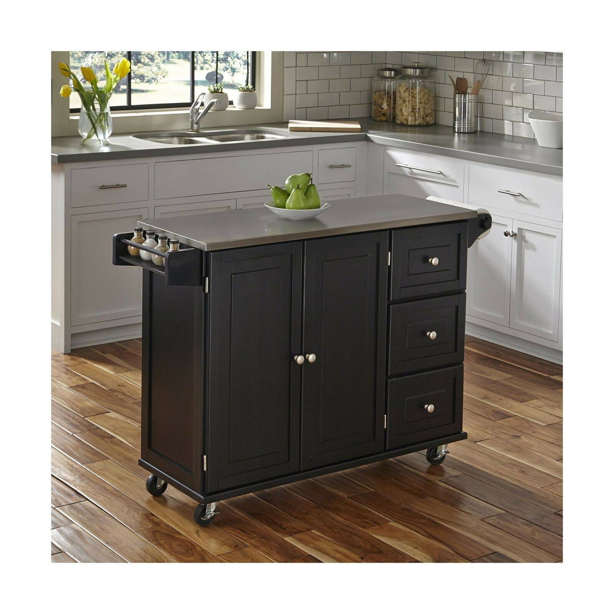 Black Kitchen Cart with Stainless Steel Top Y85131