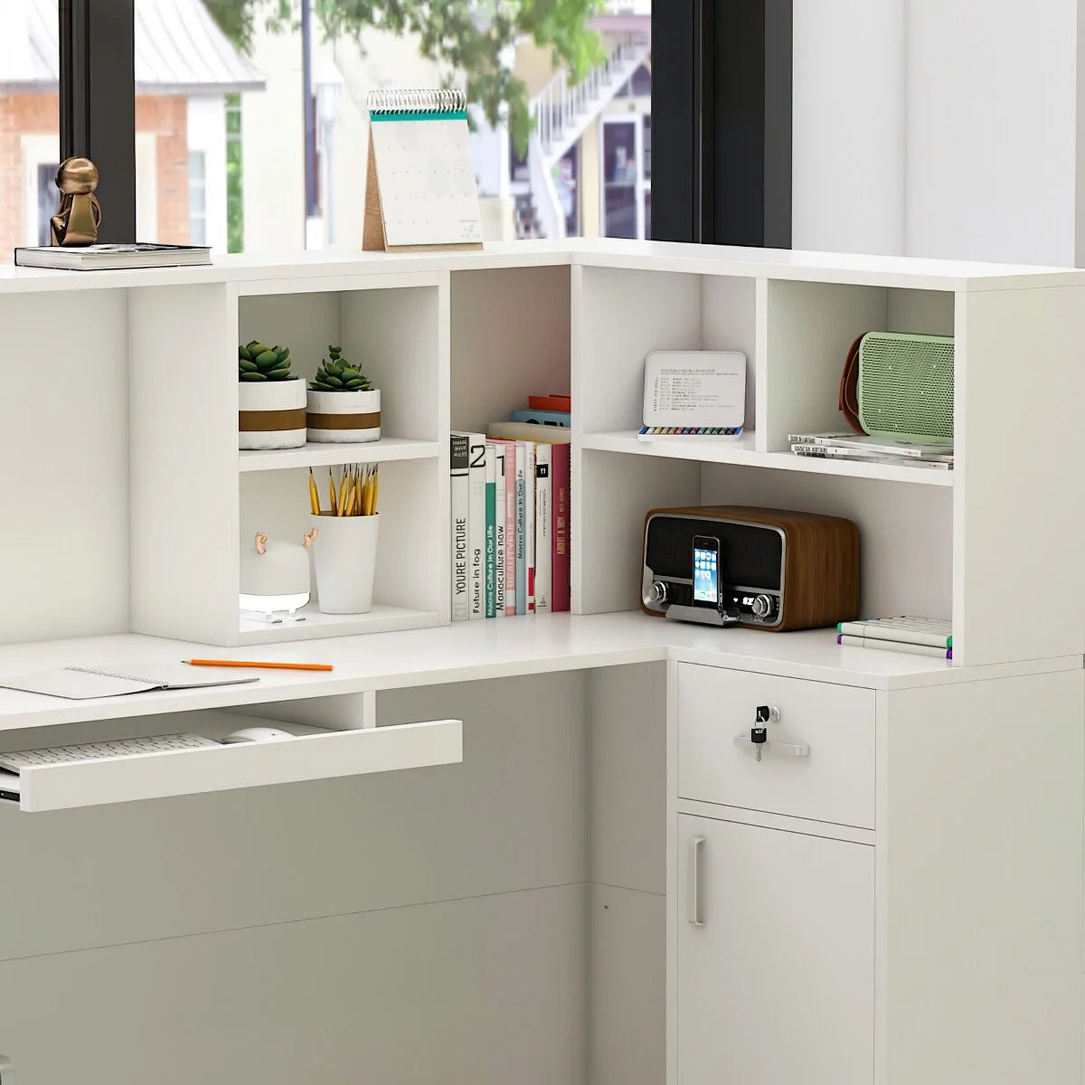 L-Shaped Reception Desk with Shelves and Drawers White F93983