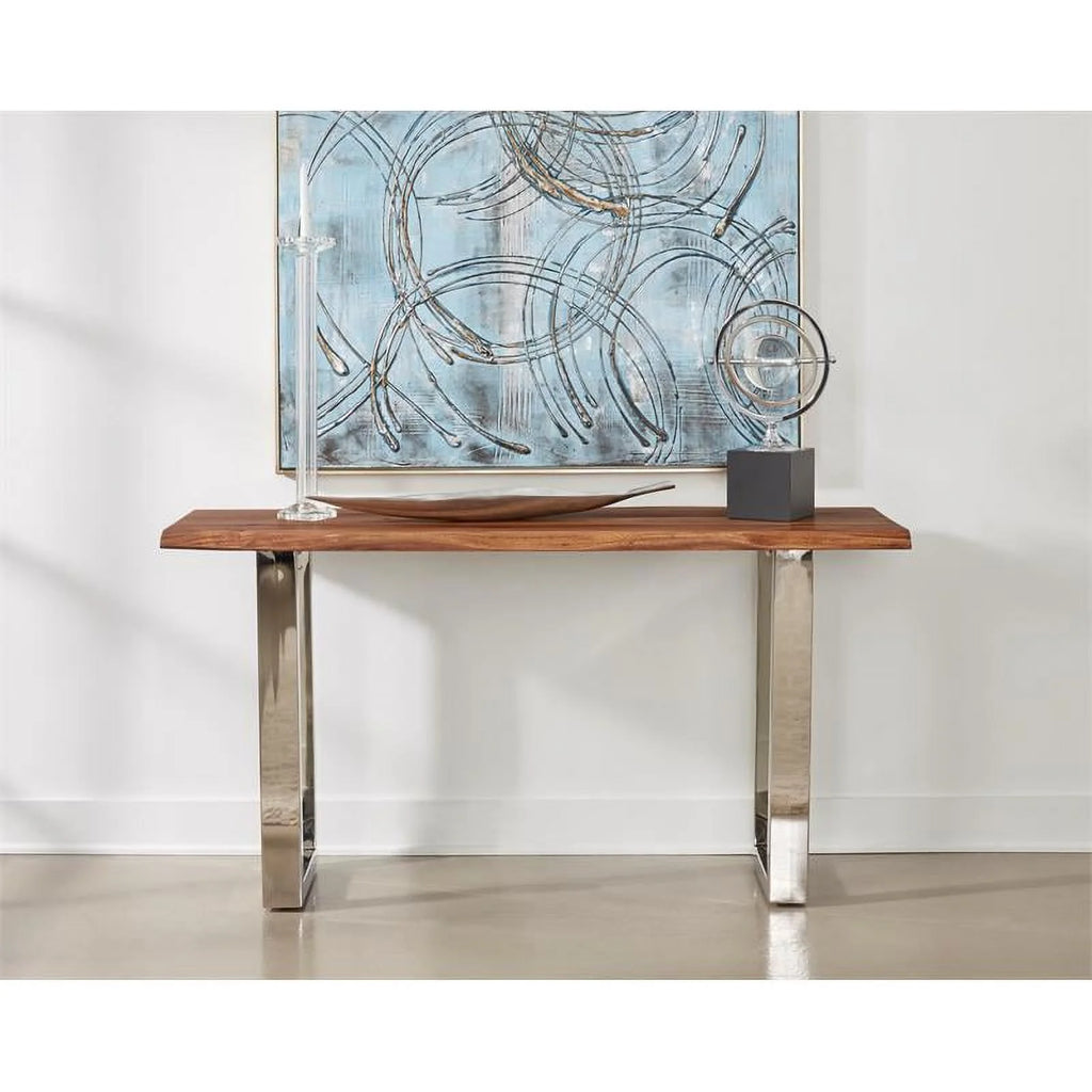 Wood Console Table with Brown Top Chrome Base T57216