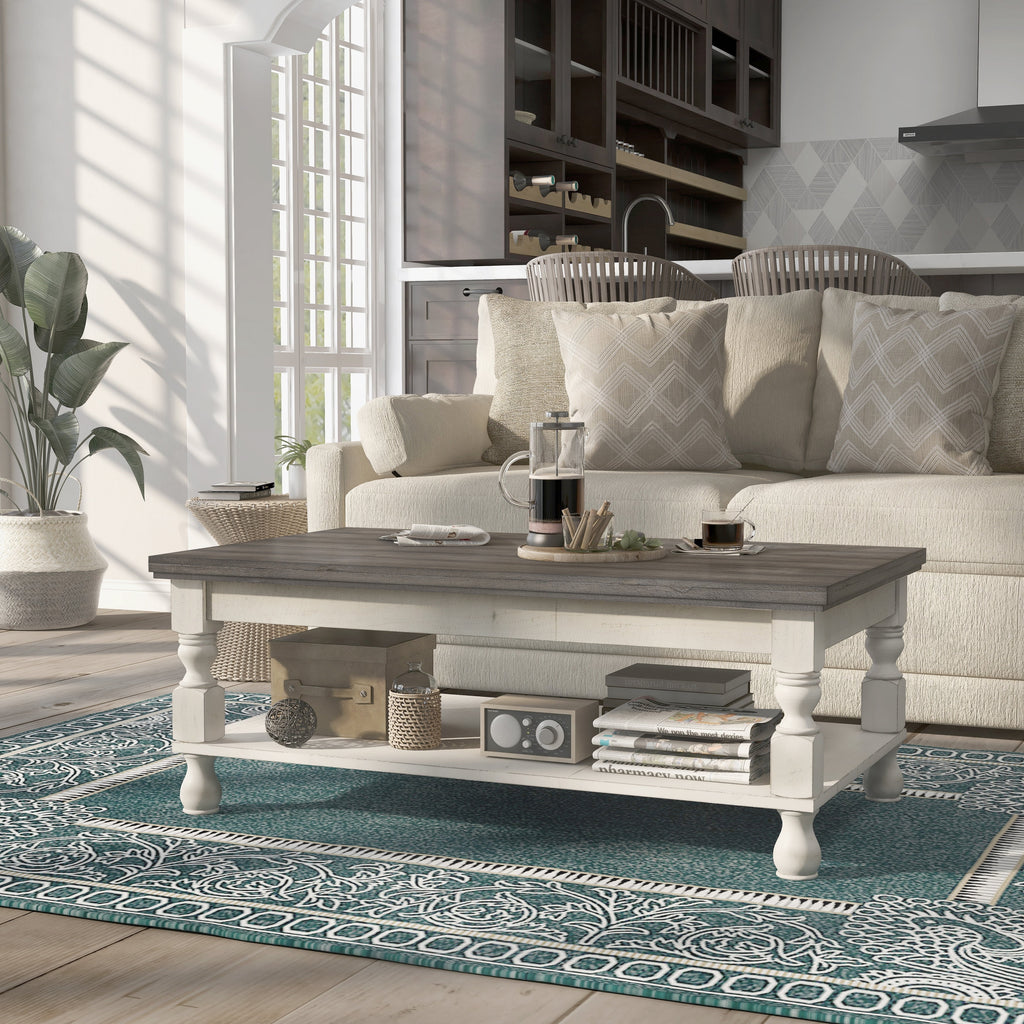 Rustic White Solid Wood 1-Shelf Coffee Table K498