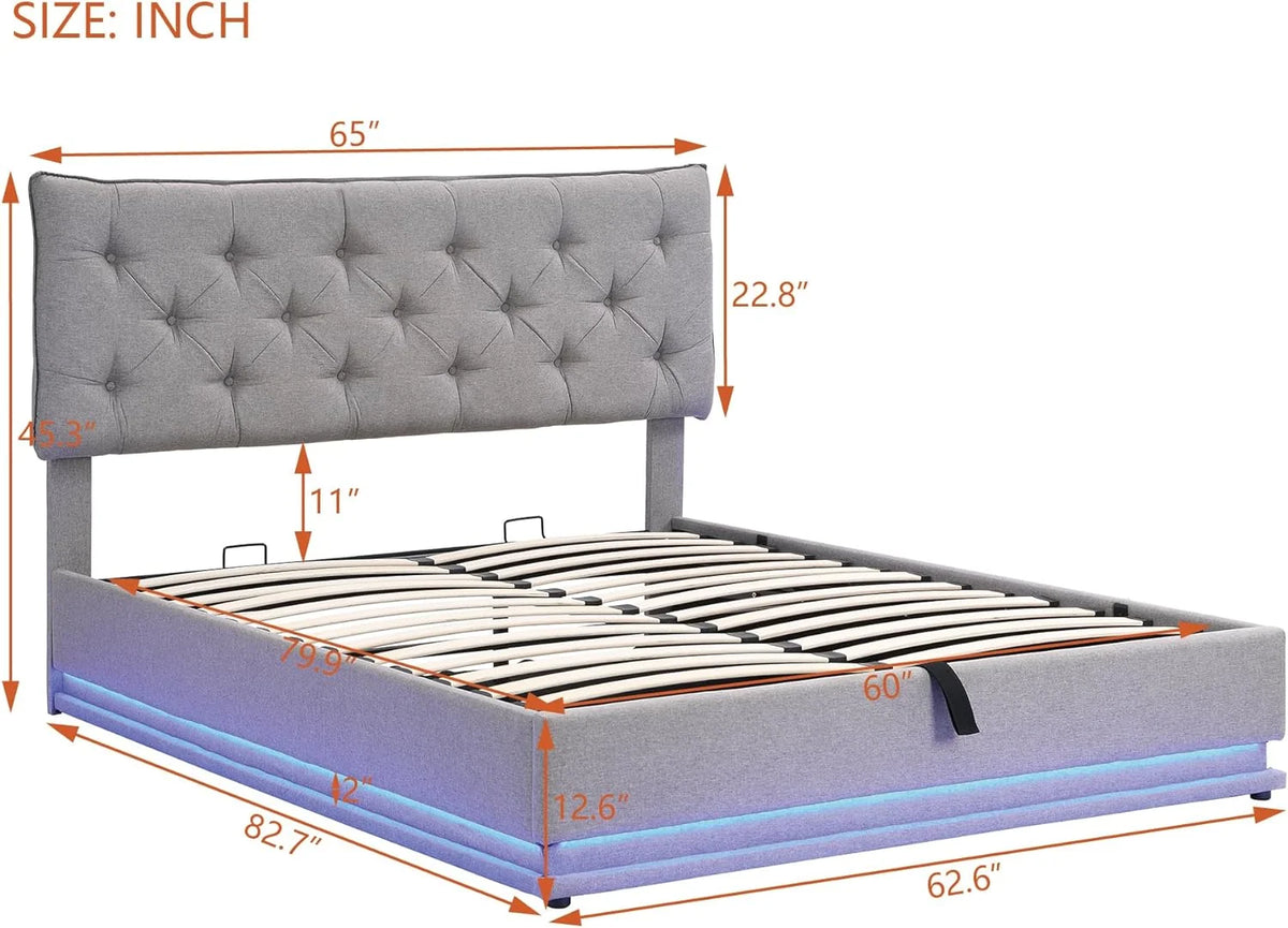 Queen Upholstered Bed with Lift Up Storage and LED Light V406