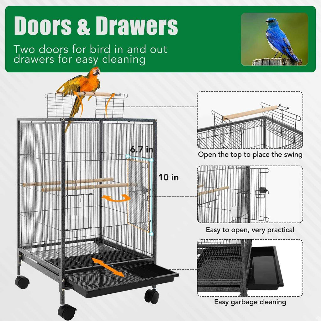 35-inch Wrought Iron Bird Cage with Open Top and Rolling Stand L737