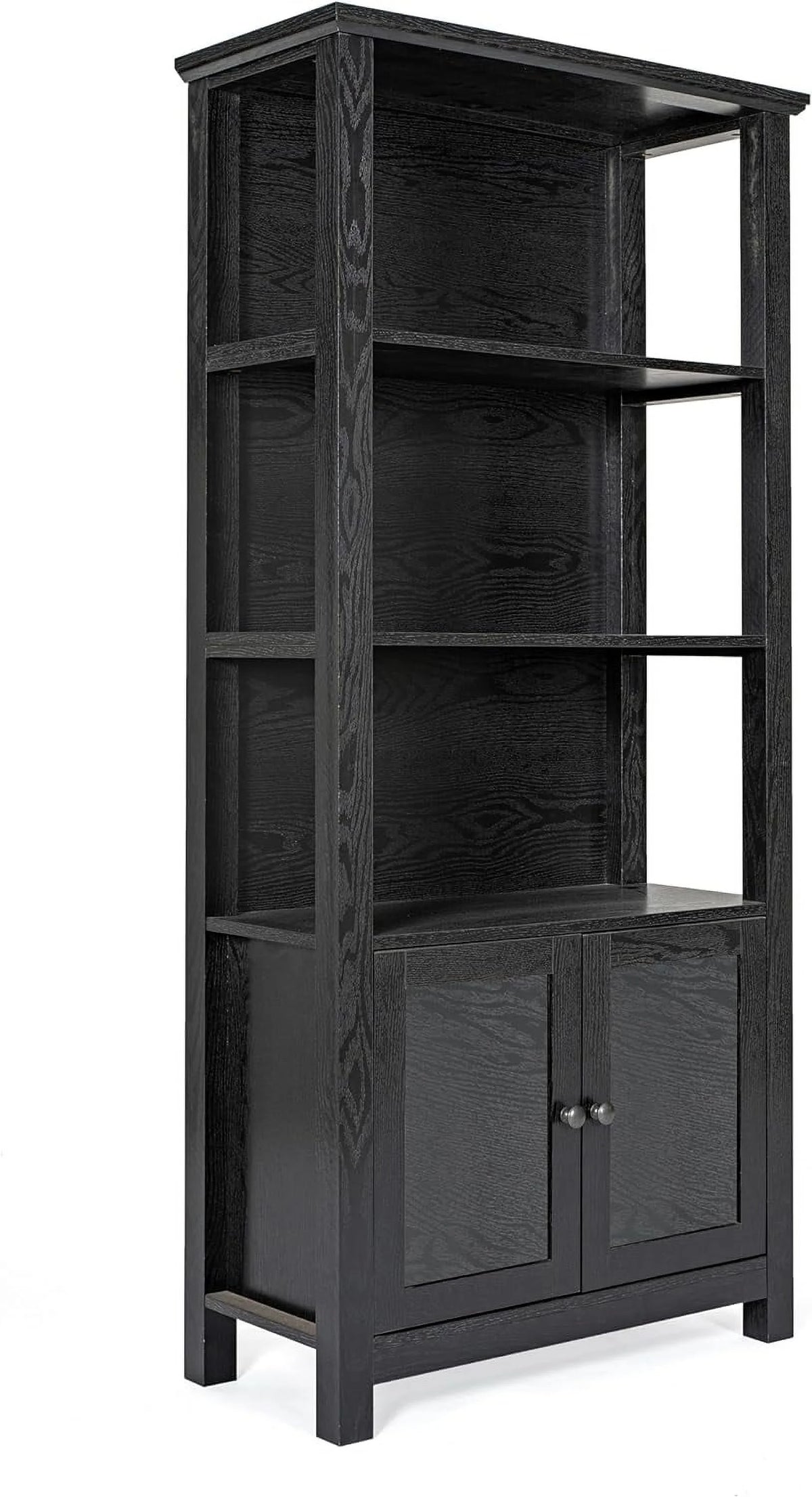 Black Wooden Bookcase And Storage Cabinet With Tempered Glass Doors And 3 Upper Shelves L2956