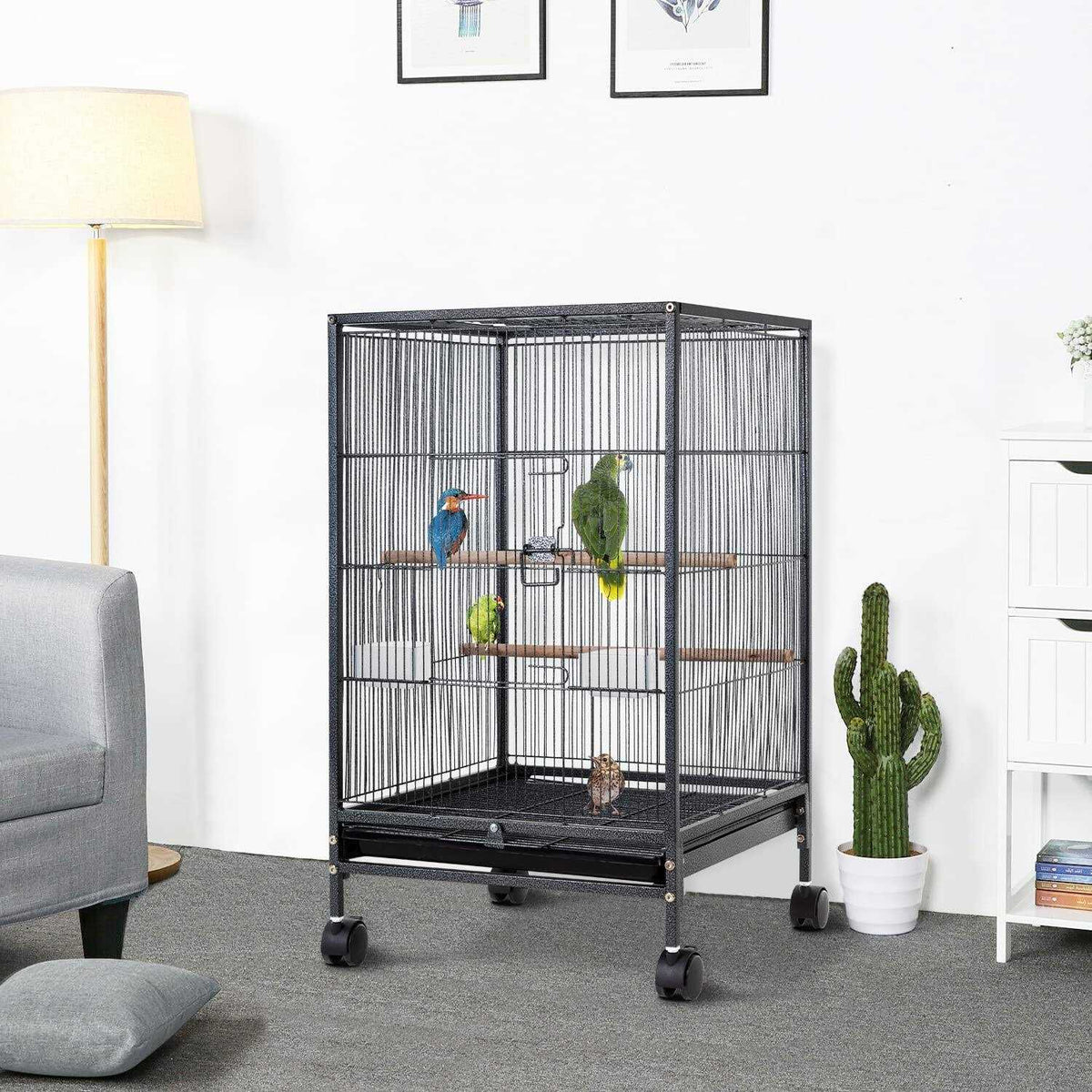 35-inch Wrought Iron Bird Cage with Open Top and Rolling Stand L737