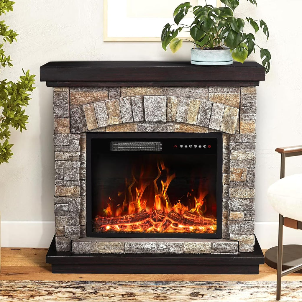 Electric Fireplace with Mantel, 36 inch Freestanding Stone Fireplace Heater TV Stand W691